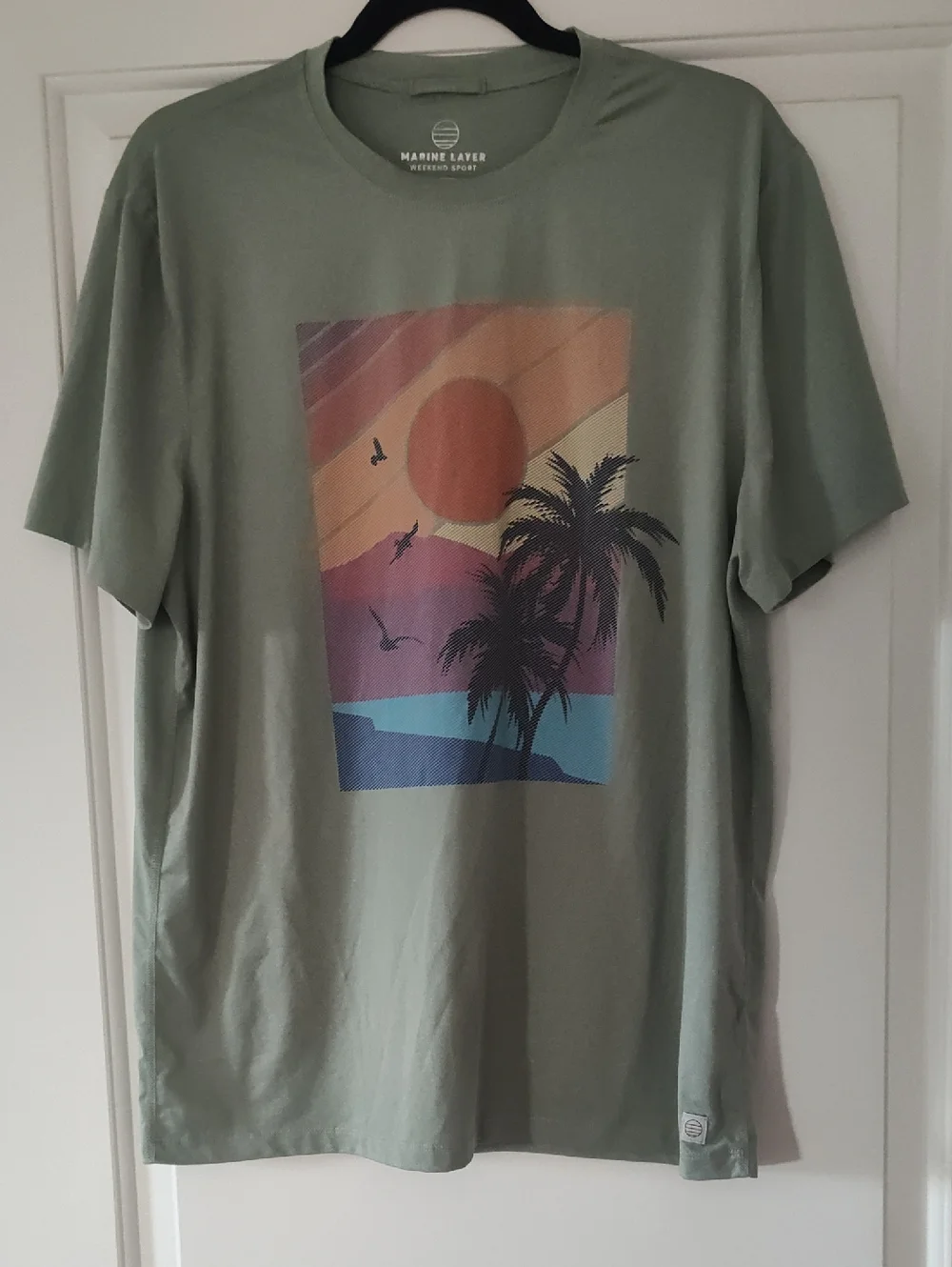 Marine Layer Sage Green Short Sleeve Tee with Sunset Palm Graphic - Picture 1 of 3